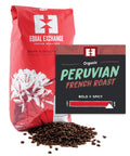 Organic Peruvian French Roast bulk whole bean coffee bag with bin card
