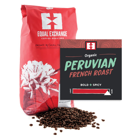 Organic Peruvian French Roast bulk whole bean coffee bag with bin card