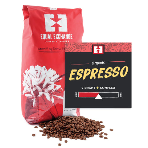 Organic Espresso bulk whole bean coffee bag with bin card