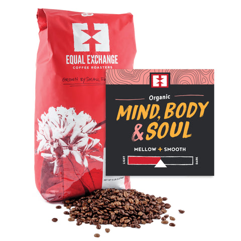 Organic Mind, Body & Soul whole bean coffee 5lb bulk bag with bin card