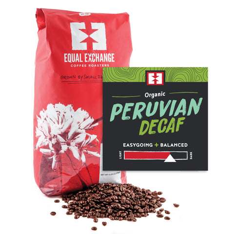 Organic Peruvian Decaf bulk whole bean coffee bag with bin card