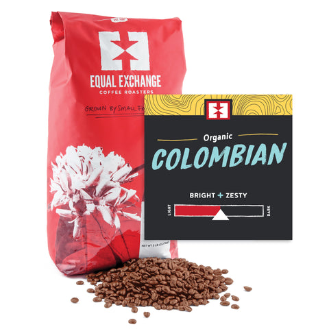 Organic Colombian bulk whole bean coffee bag with bin card