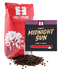 Organic Midnight Sun bulk whole bean coffee bag with bin card