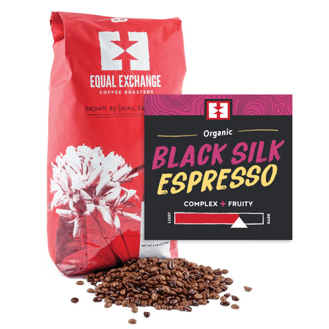 Organic Black Silk Espresso bulk bag of whole bean coffee with bin card