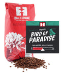 Organic Bird of Paradise bulk whole bean coffee bag with bin card