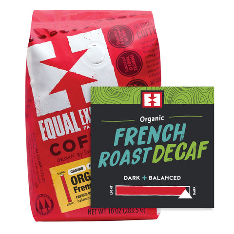 Organic French Roast Decaf coffee bag with bin card