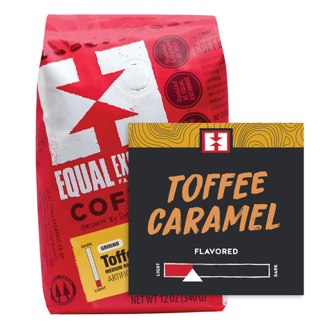 Toffee Caramel flavored ground coffee bag with bin card