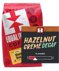 Hazelnut Creme Decaf flavored ground coffee bag with bin card