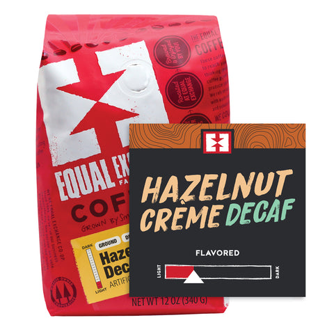 Hazelnut Creme Decaf flavored ground coffee bag with bin card