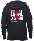 Back of a black hoodie with Equal Exchange Small Farmers. Big Change. written on it