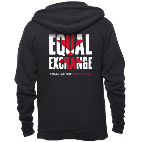 Back of a black hoodie with Equal Exchange Small Farmers. Big Change. written on it