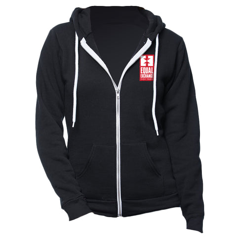 The front of a black hoodie with white strings and the Equal Exchange logo on it