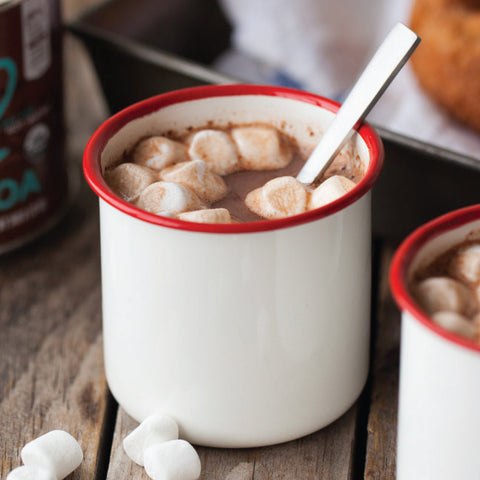 mug of hot cocoa with marshmallows ready to drink